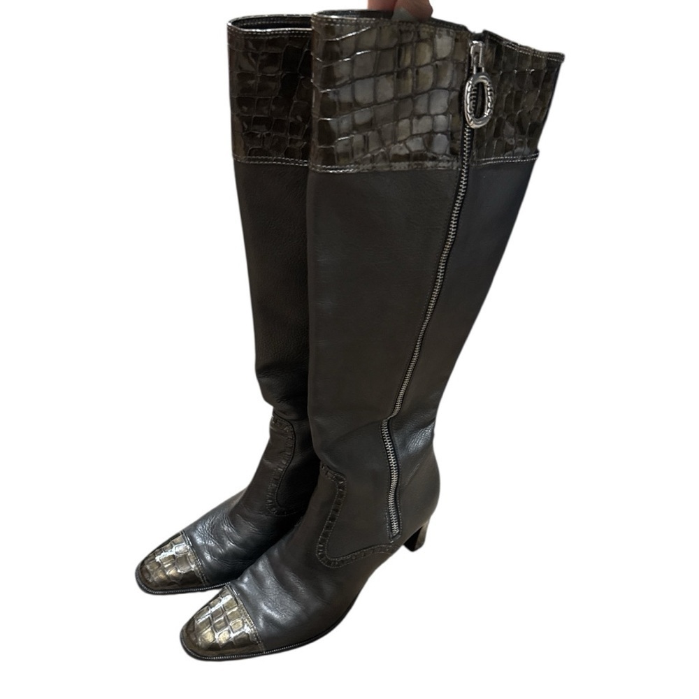 EUC -  Brighton Torch Pewter Leather Croc Patent Trim Zip Boots - Size 6